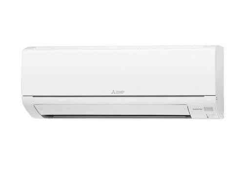 A white Mitsubishi Electric single room heat pump, with the company's logo on the center of the unit