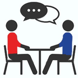 Illustration of a person in red talking with a person in blue