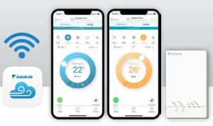 Two cellphones with the Daikin controller app opened
